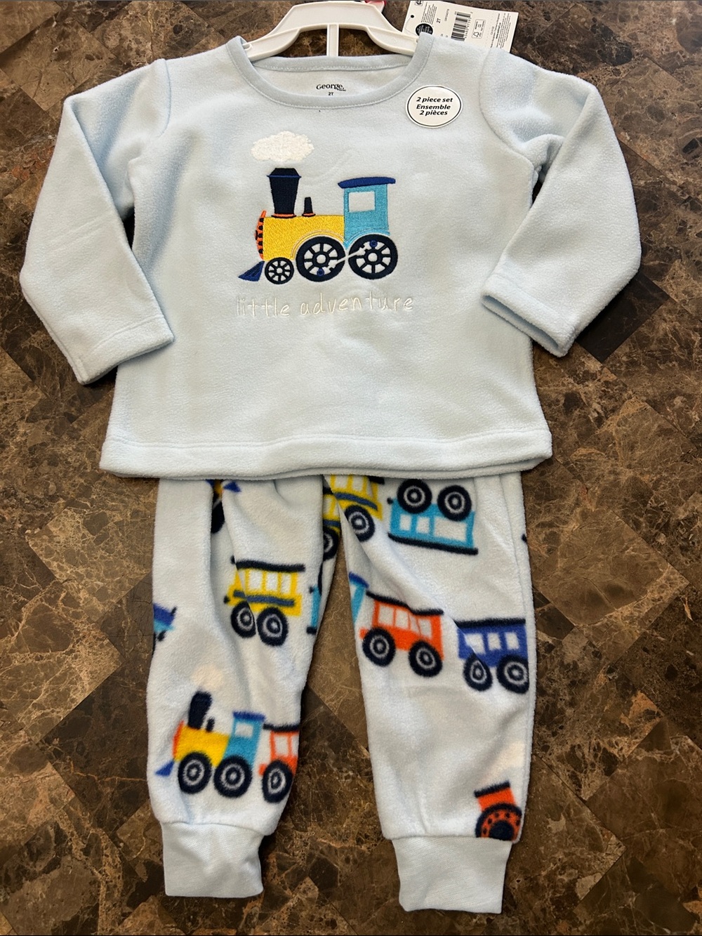 NWT 🆕 Light Blue Fleece Train Pajama Set with Multicolor Trains 2T